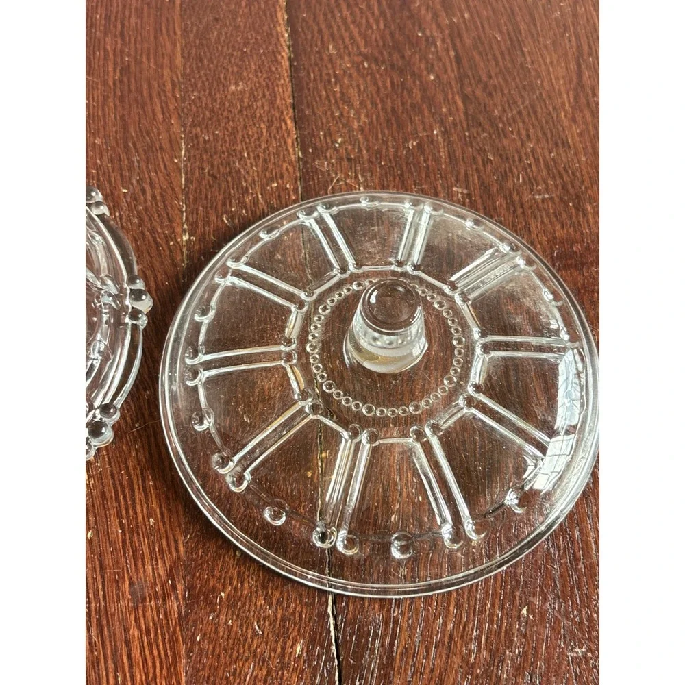 Vintage Clear Pressed Glass Candy Dish with Lid Beaded Ribbed Round‎ Bowl 6 Inch